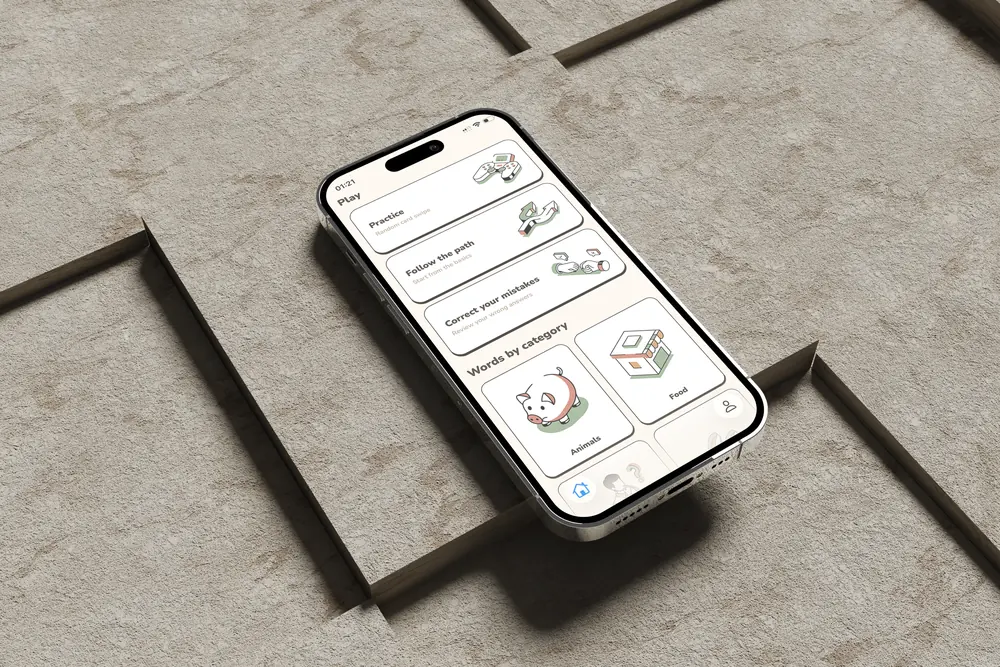 Nomenly app on an iPhone showing practice modes and word categories